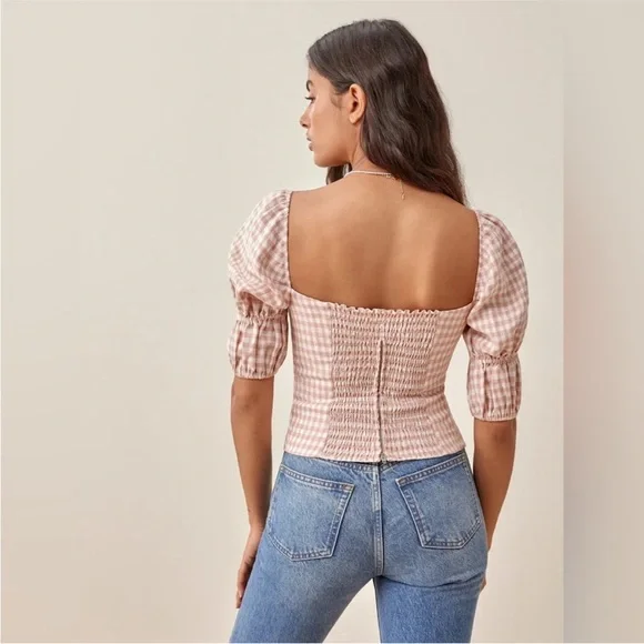 Reformation Norton Linen Top Blush Check - Picture 7 of 7